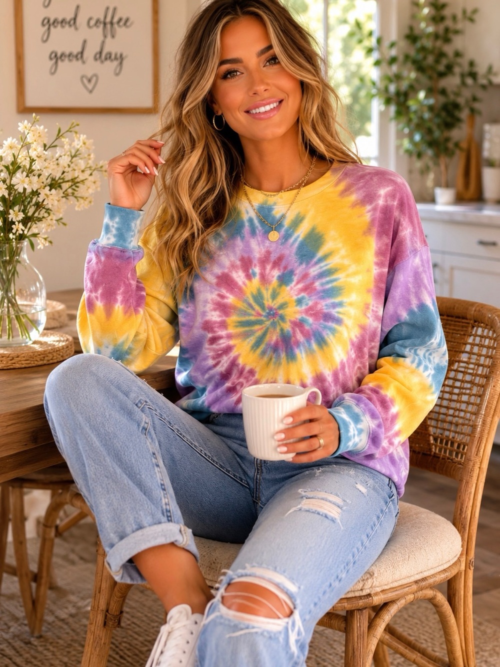 Lulu's Spiral Tie-Dye Pullover Sweatshirt in Yellow, Purple & Blue